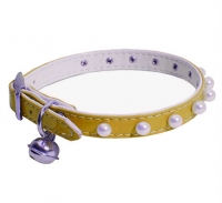 Ошейник синтетик 10мм двойной прошитый с жемчугом и бубенчиком желтый 30см/00210111-04