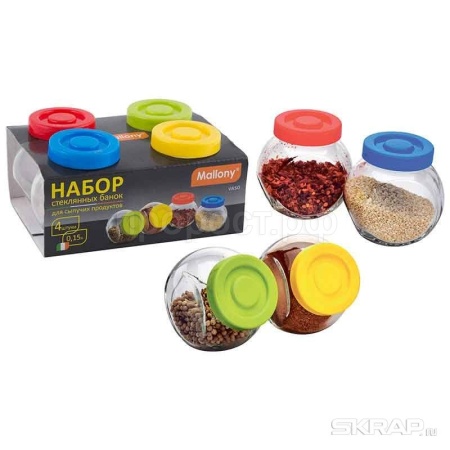 Набор банок д/сыпуч. прод. (0,15л*4шт) VASO стекло с пластик. крышками /12шт/003606/Mallony